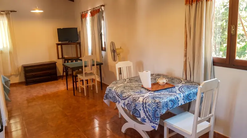 Ambiente con mesa, televisor, cómoda y ventanas