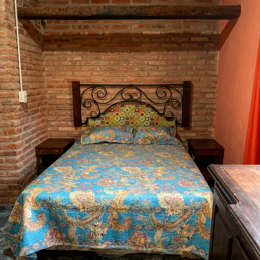 Dormitorio con cama doble y paredes de ladrillo