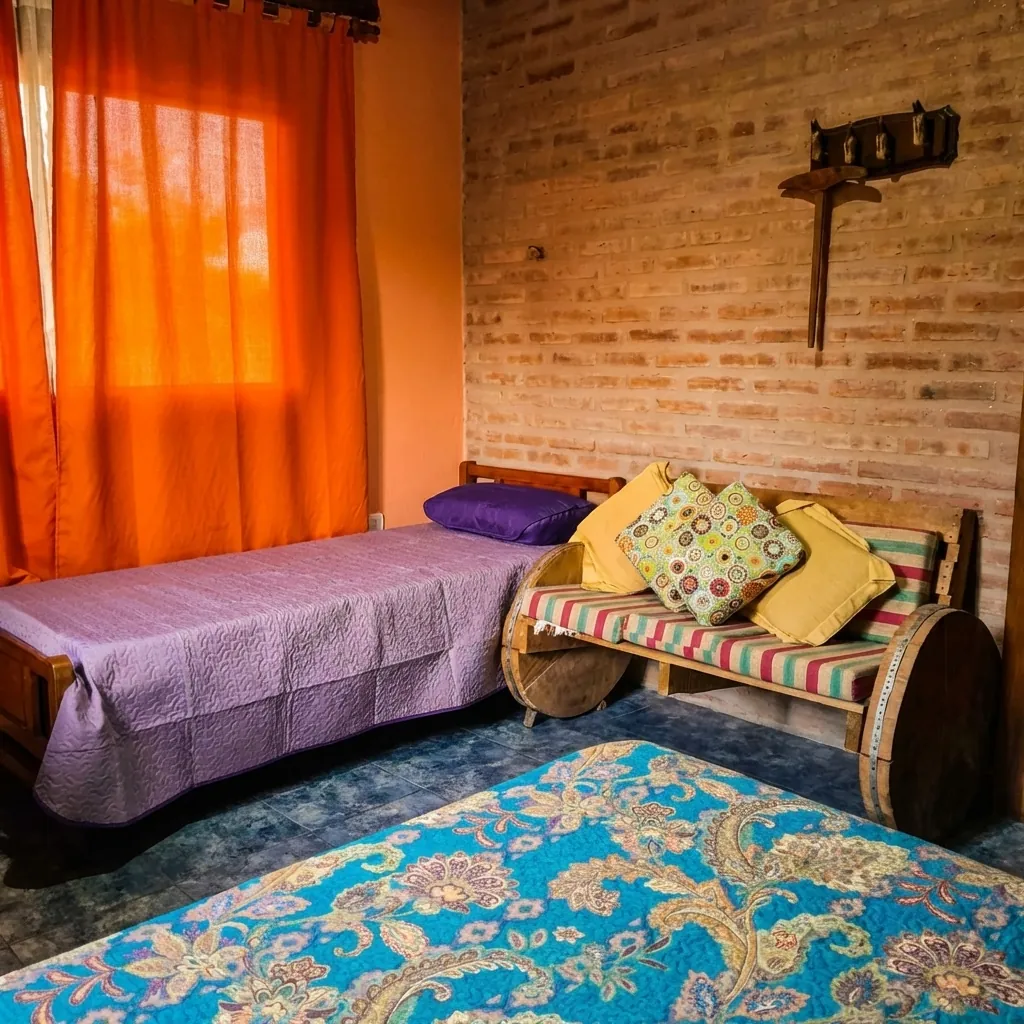 Dormitorio con cama individual y banco de madera