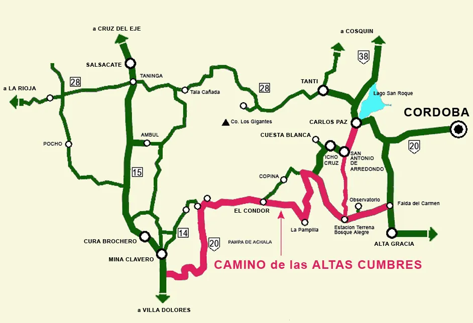 Mapa del Camino de las Altas Cumbres entre Córdoba, Carlos Paz, Alta Gracia y Mina Clavero